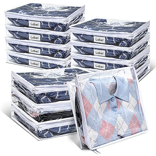 12 Pcs Clear Zippered Storage Bags Pvc Sweater Sheet Organizer Plastic Sheet Storage Sweater Bags With Zipper And Label Pocket Container For Clothes Closet Linen Pillow (14 x 12 x 3 Inch) - size: 14 x 12 x 3 Inch