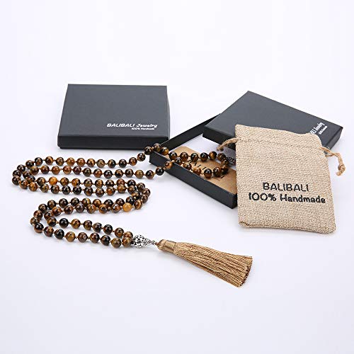 108 Mala Beads Necklace Semi-Precious Gem Stones Meditation Necklace 108 Hand Knotted Japa Mala Beaded Tassel Necklace with Tree of Life Pendant - color: Natural Tiger Eye