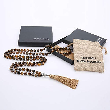 108 Mala Beads Necklace Semi-Precious Gem Stones Meditation Necklace 108 Hand Knotted Japa Mala Beaded Tassel Necklace with Tree of Life Pendant - color: Natural Tiger Eye