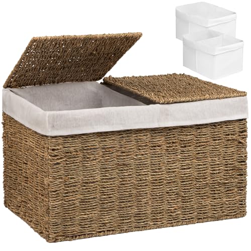 Handwoven Wicker Storage Basket with 2 Lids & Liners, Large Shelf Basket for Clothes, Toys, Blankets, Foldable Storage Trunk, Storage Bin for Living Room & Bedroom Organization, 65L Seagrass - color: Natural-sea grass, size: 65 L: 22 x 13 x 13.8 Inches