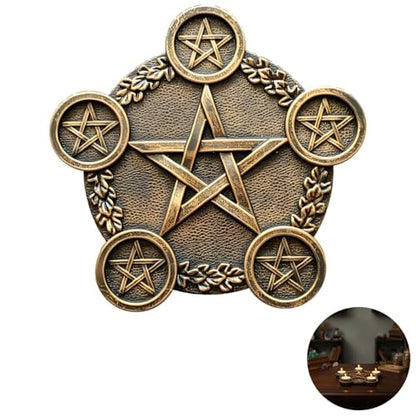 Golden Pentacle Star Tealight Holder, 8.7 In Resin Altar Plate, 5 Sockets, Altar Supplies For Rituals And Home Decor