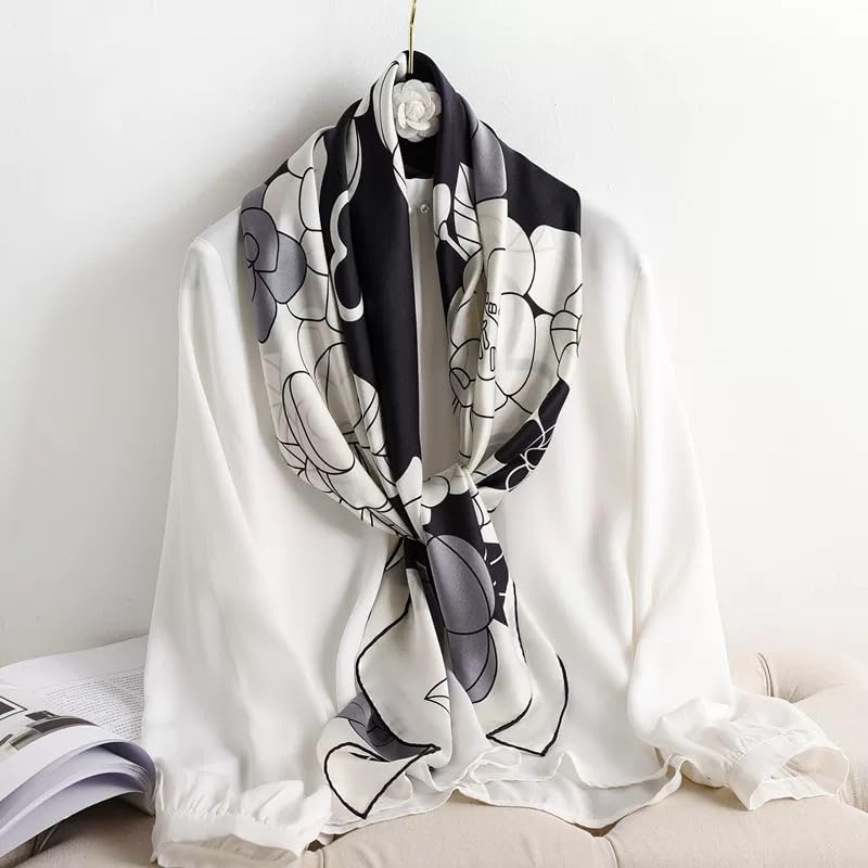 ANDANTINO 100% Silk Scarf 43" Large Square Lightweight Headscarf& Shawl–Women Hair Wraps-With Gift Packed - color: Black&white-flowers