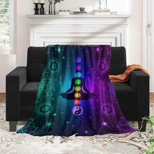 Fleece Blanket Plush Throw Fuzzy Throws Nine Chakra Yoga Meditation Lotus Blue Mandala, Lightweight Soft Microfiber Flannel Blankets for Couch Bed Sofa, 60"x80"