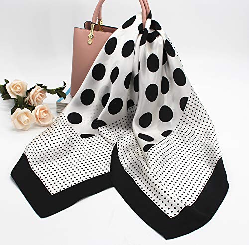 100% Pure Mulberry Silk Scarf 35" Large Square Lightweight Headscarf –Women’s Hair Wraps-With Gift Packed - color: Black&ivory Polka Dots