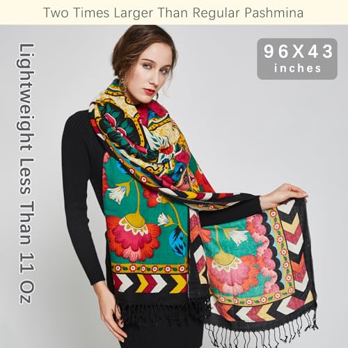 100% Merino Wool Pashmina Shawl for Women 96"x43", Oversized Cashmere Wrap with Tassels, Floral Travel Blanket Cape