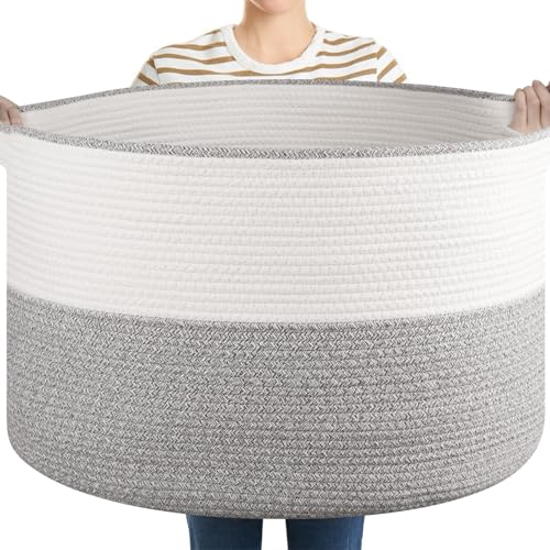 OIASKET XXL Large Blanket Basket with Handles, 105L Woven Storage Basket for Living Room, Cotton Rope Baby Toy Storage for Clothes, Pillows, Towels-Grey & White - color: Grey & White, size: 105L