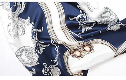 100% Mulberry Silk Long Scarf for Women Large Shawls for Headscarf and Neck- Oblong Hair Wraps with Gift Packed - color: Navy&white -Phoenix Tail Fern
