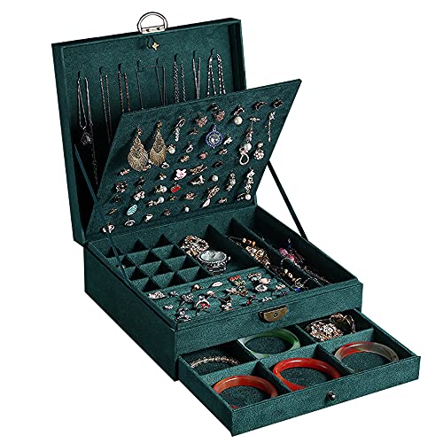 Women Jewelry Box Lockable 3 Layers Large Jewelry Organizer Storage Case for Earrings Necklaces Rings Bracelets,Green Display Jewel Holder (Green) - color: Green