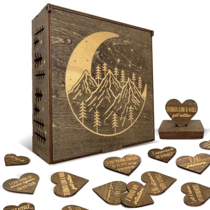 Positive Affirmations Box | Mountain Themed Engraved Wood Box with 72 Positive Affirmation Heart Cutouts | Daily Motivational Gift for Women - style: Mountains & Affirmations