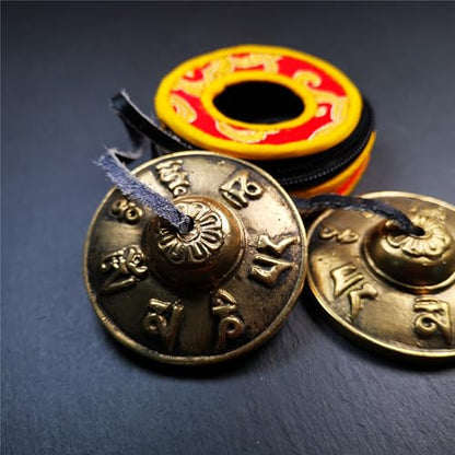 Tibetan Tingsha Bell Set - Tibetan Cymbals - for Sound Healing, Yoga, Meditation, and Mindfulness,Handmade in Nepal,Made of Brass,OM Mantra Pattern,6.5cm/2.6 inch - color: 4-Brass-Om-6.5cm