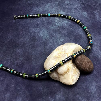 Healing Stress Anxiety Meditation Grounding Energy Gemstone Necklace Series - color: Turquoise & Hematite -6 mm- Stone Tube Beads