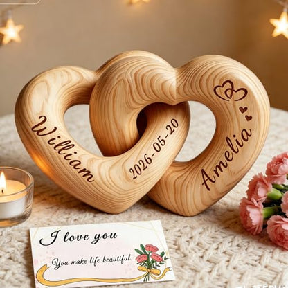 Custom Engraved Interlocking Wooden Hearts with Personalized Names – Romantic Couple Gift for Wedding, Valentine’s Day, 5th Wood Anniversary, Handcrafted Home Decor (Customized)