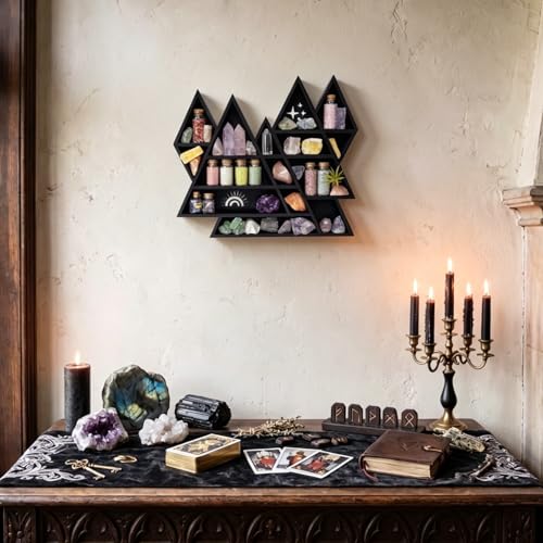Mountain Crystal Shelf Display for Wall, Wooden Triangle Rock Gem Stone Storage Holder, Meditation Room Decor Spiritual Gift, Wall Hanging Organizer for Trinkets, Knick Knacks, Art Collections