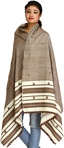 Exotic India Shawl from Kutch with Embroidered Mirrors - Pure Wool - color: Stucco Brown