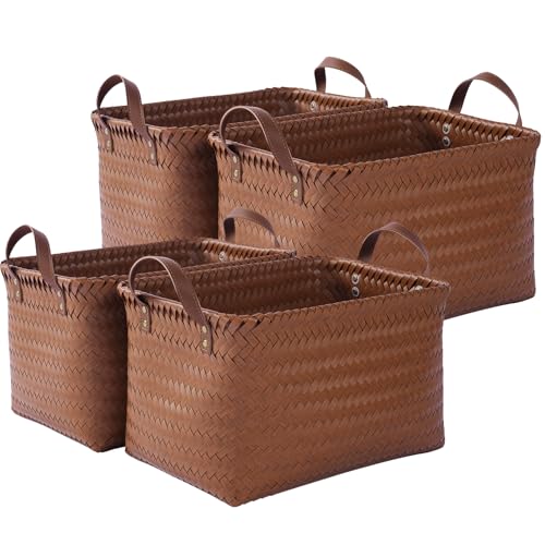 15x10x9 Woven Laundry Basket Hamper, Storage Basket for Clothes Blankets, 4-Pack Wicker Bin for Closet Shelves Bedroom Bathroom, Brown - size: 15x10.27x9.45 Inch