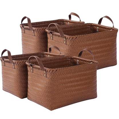 15x10x9 Woven Laundry Basket Hamper, Storage Basket for Clothes Blankets, 4-Pack Wicker Bin for Closet Shelves Bedroom Bathroom, Brown - size: 15x10.27x9.45 Inch