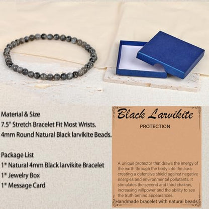 LPBeads Handmade Natural Gemstone Stretch Elastic Bracelet Healing Crystal Round Stone Beads Jewelry Gifts for Women Men - color: Black Larvikite, size: 4mm