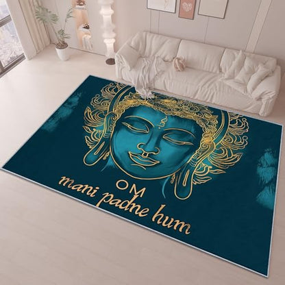 Meditation Tibetan Style Gold Blue Washable Rug 4x6 ft, Ultra Soft Large Area Rug Non Slip Rug Foldable, Blue Stain Resistant Rugs for Living Room Bedroom, Modern Low Pile Fuzzy Decor Rug - size: 4x6 ft