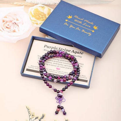 AD Beads 6mm 8mm 108 Prayer Mala Jasper Elastic Bracelet - Handmade Yoga Meditation Healing Power Energy Gifts for Unisex Adult. - color: Purple Stripe Agate(Tranquility)