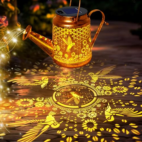 Solar Watering Can Lights, Hummingbird Hanging Lanterns Outdoor, Birthday Gifts for Mom Women Grandma Mother's Day, Waterproof Solar Lights Garden Decor for Outside Yard Art Patio Porch Lawn Backyard - style: Hummingbird with Sunflower