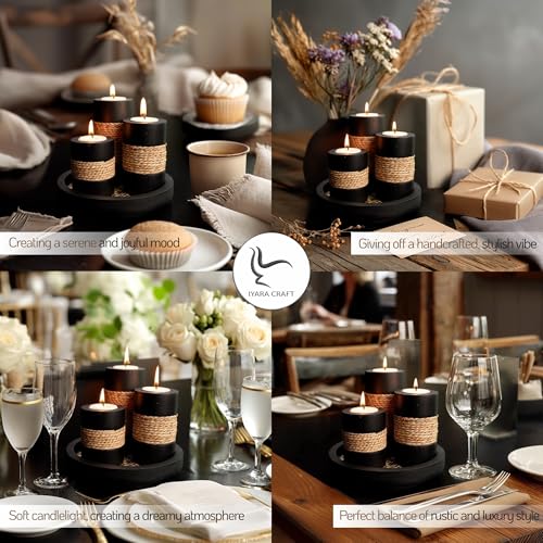 Tealight Candle Holders with Tray – Set of 3 Rustic Black Wooden Candle Holders with Natural Rope Accent, Cozy Centerpiece for Romantic Dinner Table Decor, Anniversary & Housewarming Gifts