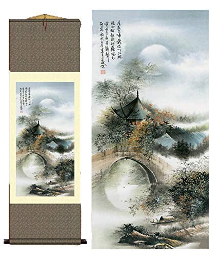 AtfArt Asian Wall Decor - Beautiful Silk Scroll Painting of Waterfall River Landscape - Oriental Decor Chinese Art Wall Scroll (36.2 x 12 in) - color: A3