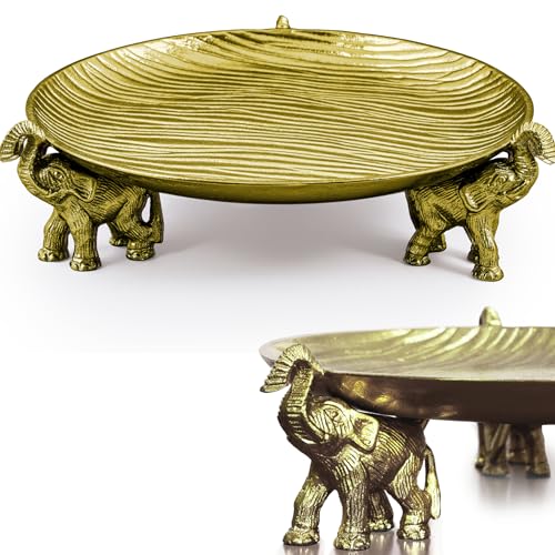 Round Decorative Tray – Antique Gold Tray Round with Elephant Stand, Coffee Table Tray, Dining Table Centerpiece Decor, Decorative Trays for Home Decor - color: Antique Gold