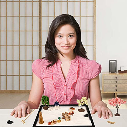 Mini Zen Garden, White Sand, 10" x 7" Rectangular Plastic Tray with Meditation Accessories - size: 10" x 7" x 0.8"