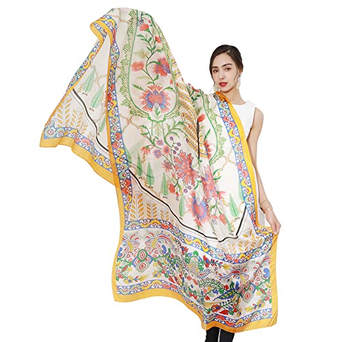 DANA XU Women's 100% Mulberry Silk Pashmina Shawl and Wraps Extra Large Floral Scarf for Evening Dresses, Soft Oversized - color: Beige Botanical Yellow