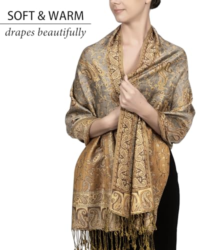 Achillea Reversible Paisley Pashmina Rave Scarf – Exotic Indian Shawls and Wraps for Evening Dresses, Festivals, All Seasons - color: Grey Bronze