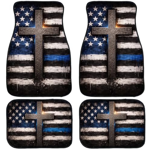 4 Piece American Flag Car Floor Mats Full Sets Christian Cross Carpet Front Rear Carpets Mat Decorative Car Floor Carpets Non-Slip Auto Car Accessories Universal Fit for Car SUV Truck Van - color: American Flag