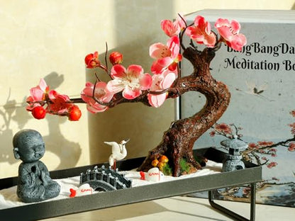 Mini Zen Garden Kit for Desk Tabletop Rock Sand Tray Therapy Kit Office Stress Relief Spiritual Decor Japanese Zen Healing Gifts for Lady Yoga Meditation Accessories with Bonsai Buddha Koli Fish Rake