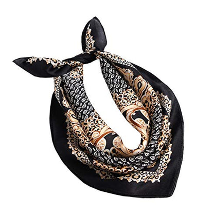 ANDANTINO 100% Mulberry Silk Scarf -21” Lightweight Square Neckerchief – Breathable Digital Printed Scarves with Gift Packed - color: Gold &Black