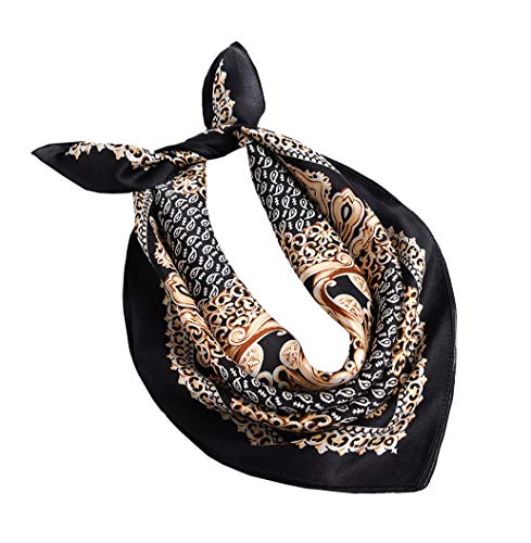 ANDANTINO 100% Mulberry Silk Scarf -21” Lightweight Square Neckerchief – Breathable Digital Printed Scarves with Gift Packed - color: Gold &Black