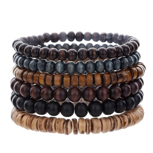 Puka Shell Bracelet for Men Wooden Bracelets Turquoise Stack Beaded Minimalist Trendy Jewelry for Friend Gift - style: 6pcs-Brown