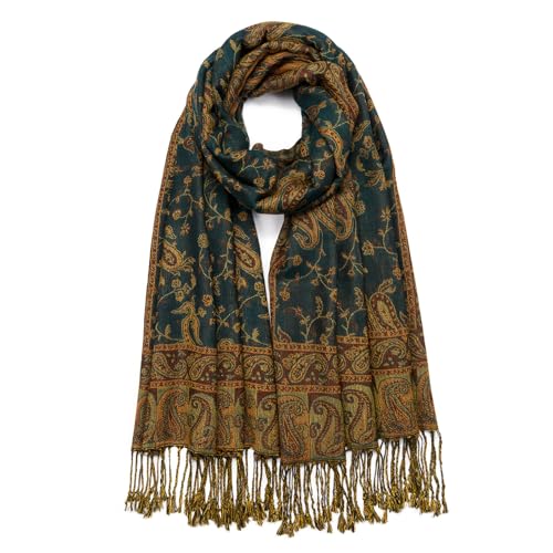 QIUTIMIY Paisley Pashmina Shawl Wrap Women Reversible Vintage Jacquard Pashmina Rave Scarf with Fringe for Evening, Wedding - color: Flower1-teal