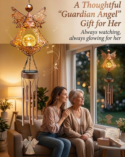 Solar Angel Wind Chimes for Outside: Melodious Mother's Day Birthday Gifts for Mom Women Grandma Her Wife - Weatherproof Metal Outdoor Decor Easy Hanging for Garden Patio Tree Window Memorial