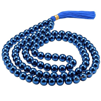 Amazing Gemstone Japa Mala 108 Prayer Beads Necklace and Wrist Mala Bracelet for Meditation - color: Blue Peacock Hematite, size: Without Knots