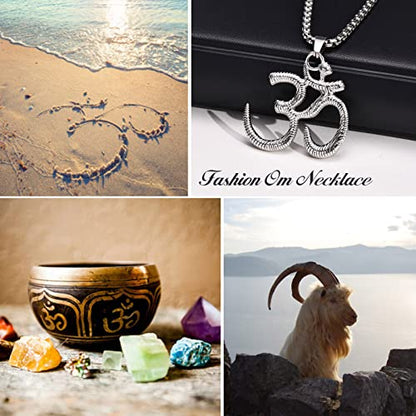 Stainless Steel Om Necklace for Men Women, gold plated/Silver/Black Yoga Charm Pendant Necklaces Aum Om Ohm Sanskrit Symbol Hindu Meditation Chain Necklace,Mens Womens Jewelry Gifts - color: Silver