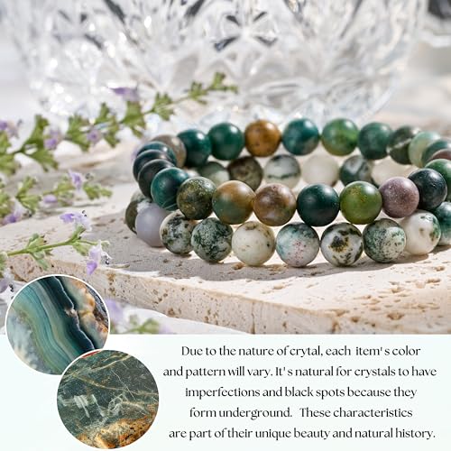 Bivei Natural Gemstone Semi Precious Healing Crystals Handmade Stretchy Round Beads Bracelet,Stocking Stuffers for Women Enhance Positive Energy - color: 8mm Tree Agate & India Agate (Strength & Harmony), size: Medium: 6.8-7.24 inch