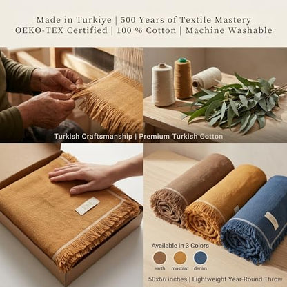 Odin Waffle Throw Blanket with Tassels, 50x66 Inch, 100% Turkish Cotton, Oeko-TEX Certified, Breathable Lightweight Throw for Couch, Sofa & Bed, Made in Turkey, Mustard - color: Mustard