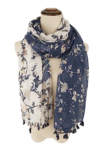 YOUR SMILE Large Boho Scarf for Women Lightweight Floral Printed Scarves Fall Winter Fashion Fringed Shawl wraps - color: 20 Navy/White Flower