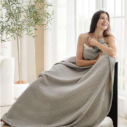 Lightweight Cotton Waffle Throw Blanket, Modern Two-Tone Check Pattern, Soft & Breathable for Bed, Couch, Sofa, All Seasons –Coffee Bean/White, 50"x60" - color: Coffee Bean/White, size: Throw