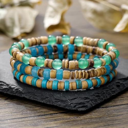 Puka Shell Bracelet for Men Wooden Bracelets Turquoise Stack Beaded Minimalist Trendy Jewelry for Friend Gift - style: 3pcs-Turquoise