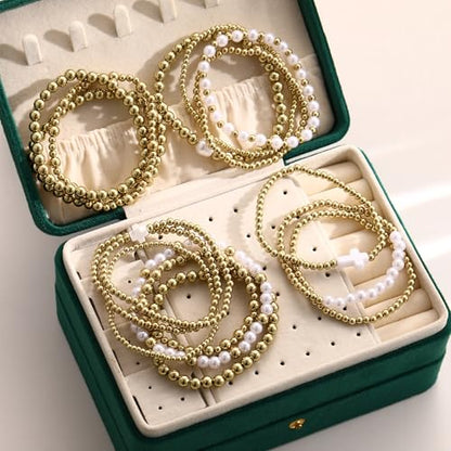 16 PCS Gold Bead Pearl Bracelet for Women, Gold Plated Beaded Strand Bead Ball Bracelets stack Adjustable Jewelry Set for Gifts - color: 01-GOLD