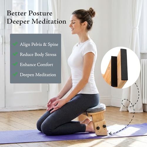 Adjustable Height Meditation Bench with Velvet Cushion, Bamboo Folding Prayer Kneeling Stool Yoga Meditation Chair, Zen Prayer Bench