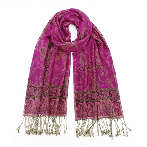 Ciormis Two Tone Silky Paisley Pashmina Shawl Scarf,Soft Women's Rave Jacquard Pashminas Wrap Scarves - color: Style1-fuchsia Paisley