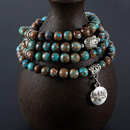 Bivei 108 Mala Beads Necklace Long Beaded Wrap Bracelets Genuine Gemstone Mala Prayer Beads Lotus Buddha Charm Yoga Meditation Necklace - color: Blue Lace Agate-Lotus OM-Buddha