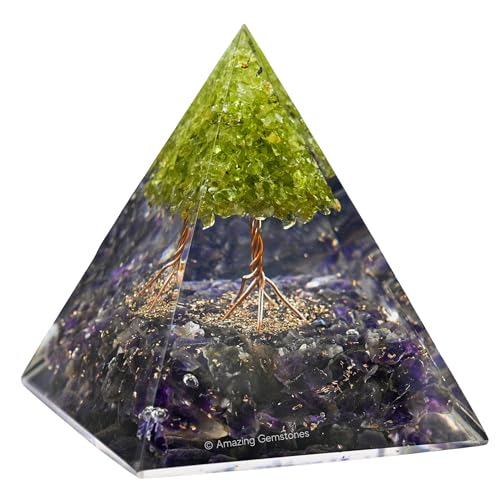 Amazing Gemstone Organite Orgone Pyramid Extra Large 105 MM - Orgone Energy Pyramid with Amethyst Crystals, Peridot Tree and Healing Stone - Orgonite Pyramids Crystals and Positive Energy - color: Amethyst With Peridot Tree