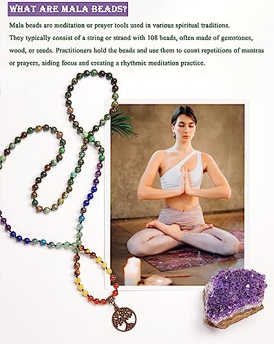 Bivei 7 Chakra 108 Mala Beads Bracelet Real Gemstone Yoga Meditation Hand Knotted Mala Prayer Bead Necklace - size: 6mm, style: Life Tree - African Turquoise